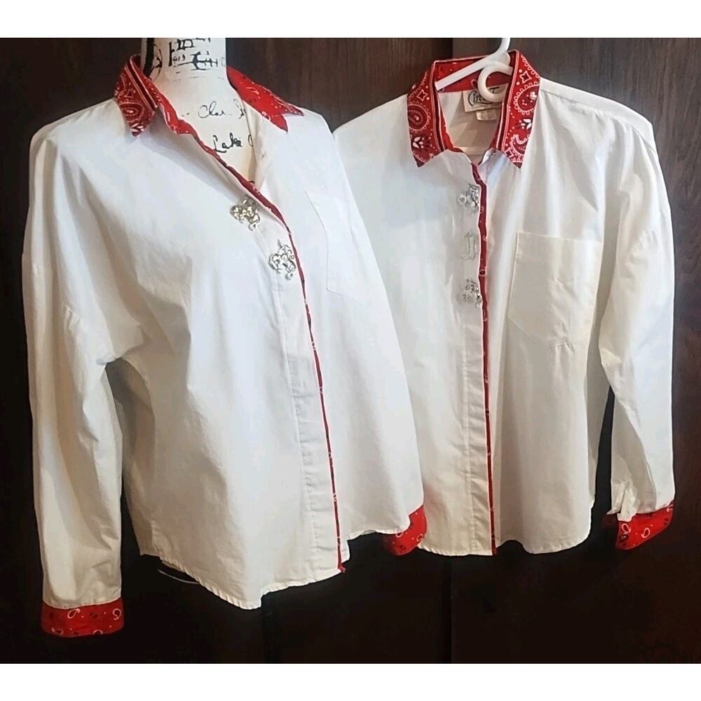 Vintage Set of 2 Marilyn Lenox Circle T Bandana Rodeo Shirt Womens Large LS Red
